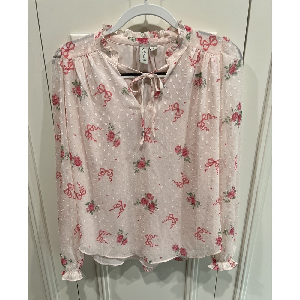 JOIE Pink Rose Bow Print Blouse Size Medium Ruffle Neck Balletcore‎ Cottagecore